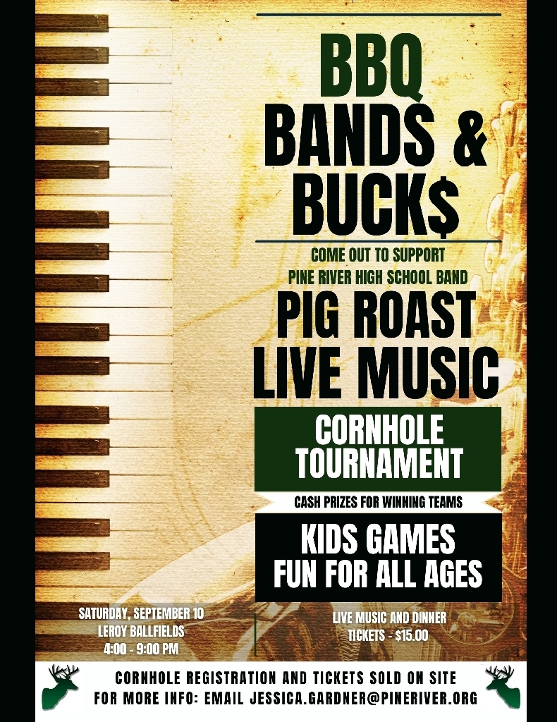flyer for BBQ, bands and buck$ event