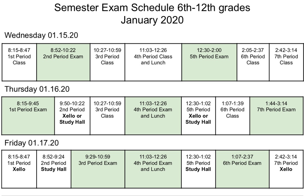 January 2020 semester exam schedule 